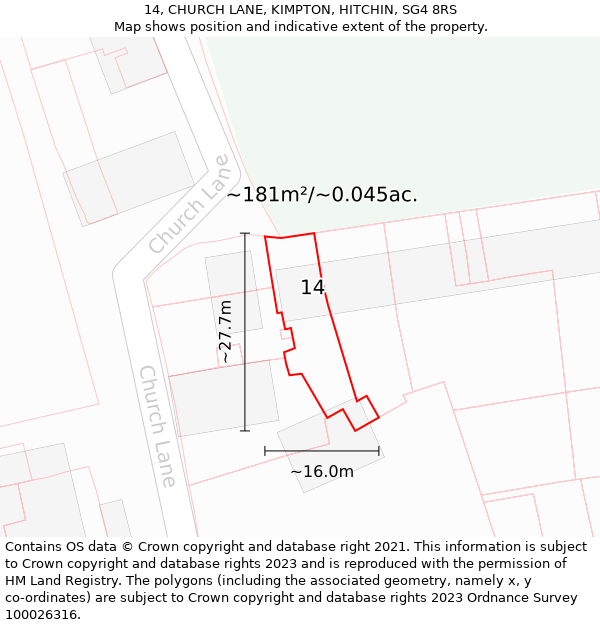 14, CHURCH LANE, KIMPTON, HITCHIN, SG4 8RS: Plot and title map