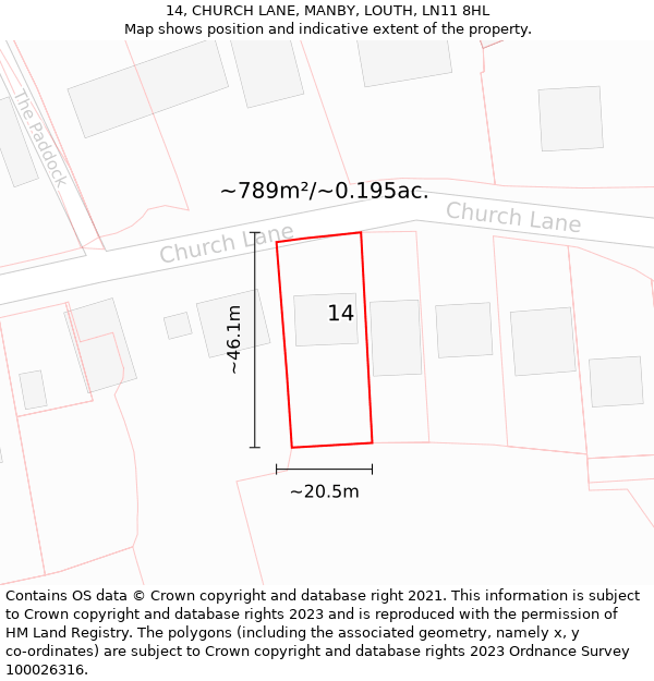 14, CHURCH LANE, MANBY, LOUTH, LN11 8HL: Plot and title map