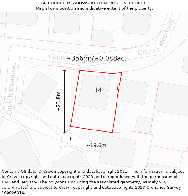 14, CHURCH MEADOWS, KIRTON, BOSTON, PE20 1XT: Plot and title map