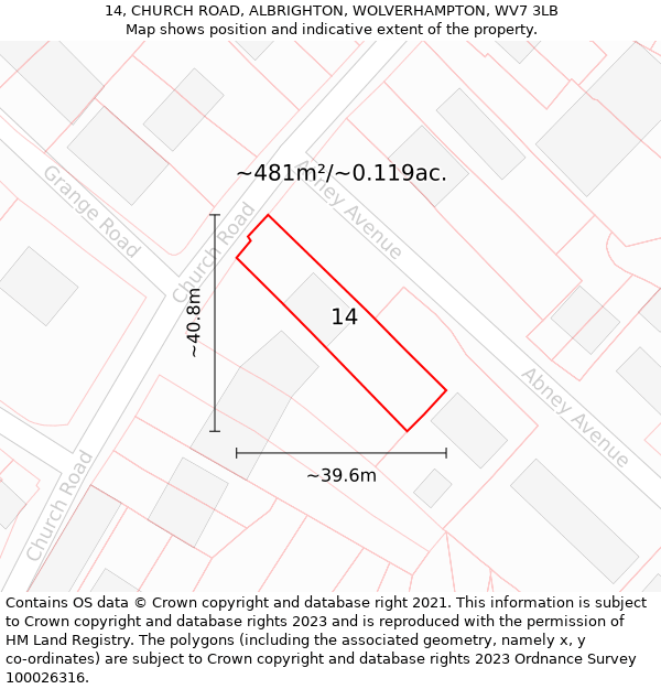 14, CHURCH ROAD, ALBRIGHTON, WOLVERHAMPTON, WV7 3LB: Plot and title map