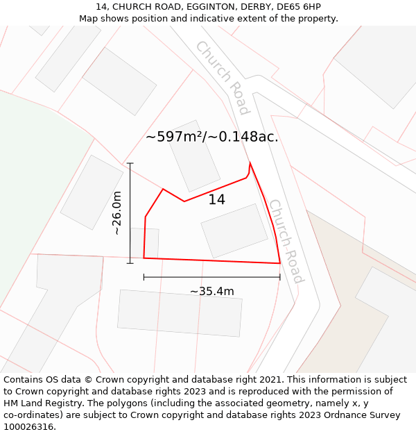 14, CHURCH ROAD, EGGINTON, DERBY, DE65 6HP: Plot and title map