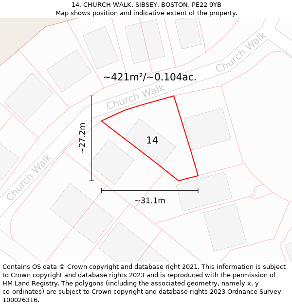 14, CHURCH WALK, SIBSEY, BOSTON, PE22 0YB: Plot and title map