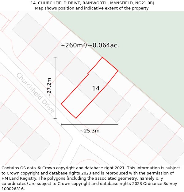 14, CHURCHFIELD DRIVE, RAINWORTH, MANSFIELD, NG21 0BJ: Plot and title map