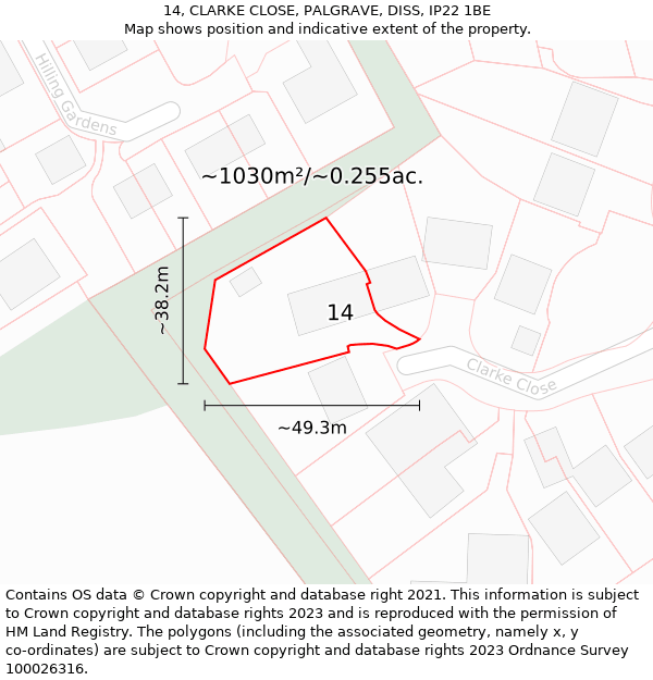 14, CLARKE CLOSE, PALGRAVE, DISS, IP22 1BE: Plot and title map