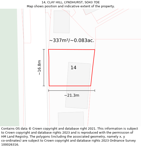 14, CLAY HILL, LYNDHURST, SO43 7DE: Plot and title map