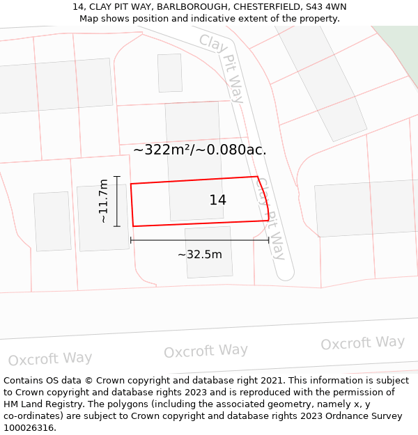 14, CLAY PIT WAY, BARLBOROUGH, CHESTERFIELD, S43 4WN: Plot and title map