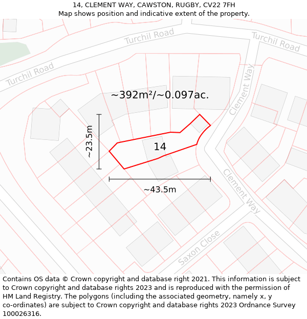 14, CLEMENT WAY, CAWSTON, RUGBY, CV22 7FH: Plot and title map