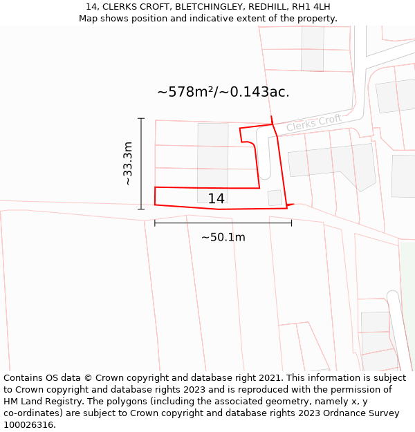 14, CLERKS CROFT, BLETCHINGLEY, REDHILL, RH1 4LH: Plot and title map