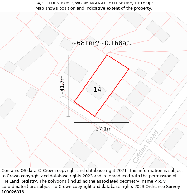 14, CLIFDEN ROAD, WORMINGHALL, AYLESBURY, HP18 9JP: Plot and title map