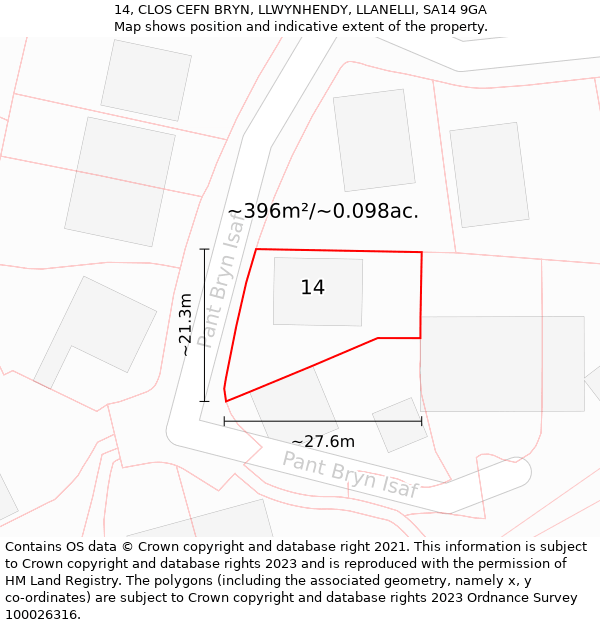 14, CLOS CEFN BRYN, LLWYNHENDY, LLANELLI, SA14 9GA: Plot and title map