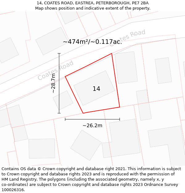 14, COATES ROAD, EASTREA, PETERBOROUGH, PE7 2BA: Plot and title map