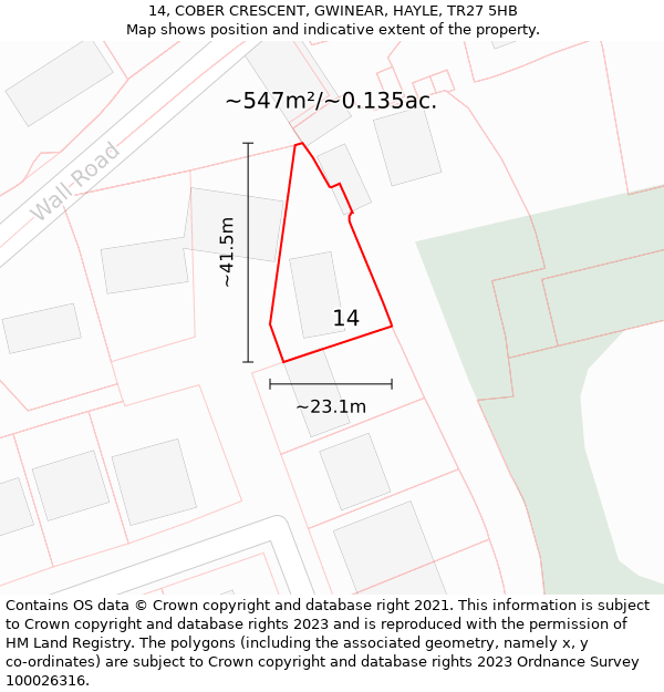 14, COBER CRESCENT, GWINEAR, HAYLE, TR27 5HB: Plot and title map