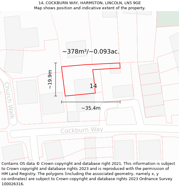 14, COCKBURN WAY, HARMSTON, LINCOLN, LN5 9GE: Plot and title map