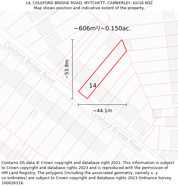 14, COLEFORD BRIDGE ROAD, MYTCHETT, CAMBERLEY, GU16 6DZ: Plot and title map