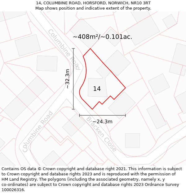 14, COLUMBINE ROAD, HORSFORD, NORWICH, NR10 3RT: Plot and title map