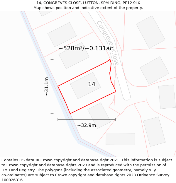 14, CONGREVES CLOSE, LUTTON, SPALDING, PE12 9LX: Plot and title map