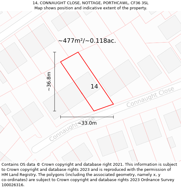 14, CONNAUGHT CLOSE, NOTTAGE, PORTHCAWL, CF36 3SL: Plot and title map