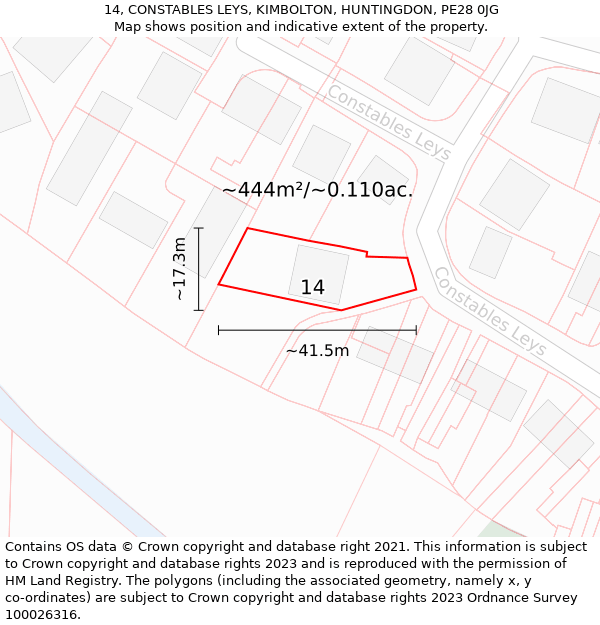 14, CONSTABLES LEYS, KIMBOLTON, HUNTINGDON, PE28 0JG: Plot and title map