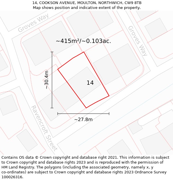 14, COOKSON AVENUE, MOULTON, NORTHWICH, CW9 8TB: Plot and title map