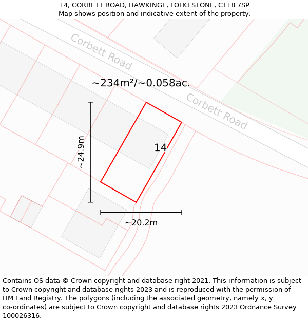 14, CORBETT ROAD, HAWKINGE, FOLKESTONE, CT18 7SP: Plot and title map