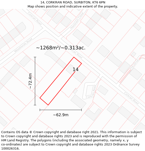 14, CORKRAN ROAD, SURBITON, KT6 6PN: Plot and title map