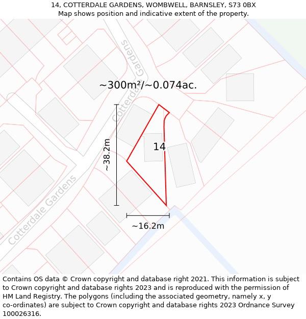 14, COTTERDALE GARDENS, WOMBWELL, BARNSLEY, S73 0BX: Plot and title map