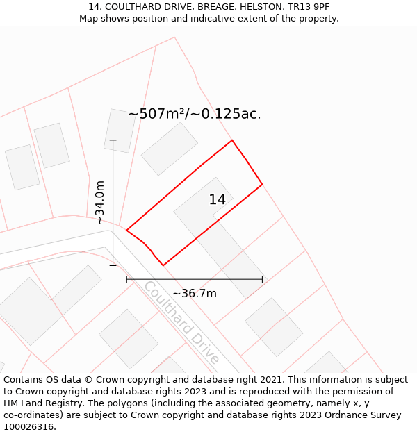 14, COULTHARD DRIVE, BREAGE, HELSTON, TR13 9PF: Plot and title map