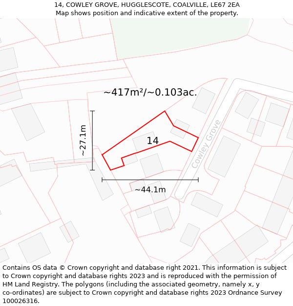 14, COWLEY GROVE, HUGGLESCOTE, COALVILLE, LE67 2EA: Plot and title map