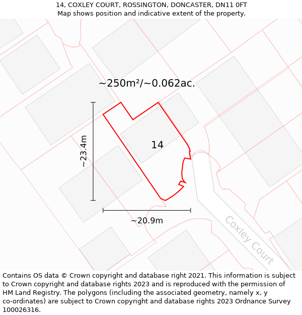 14, COXLEY COURT, ROSSINGTON, DONCASTER, DN11 0FT: Plot and title map