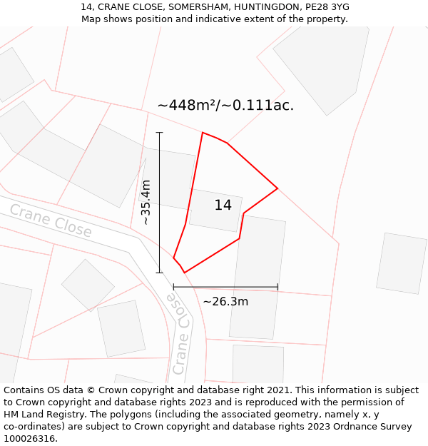 14, CRANE CLOSE, SOMERSHAM, HUNTINGDON, PE28 3YG: Plot and title map