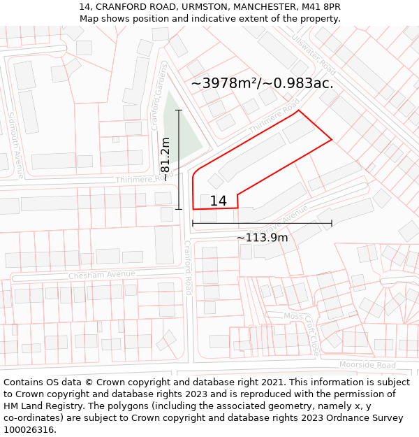 14, CRANFORD ROAD, URMSTON, MANCHESTER, M41 8PR: Plot and title map