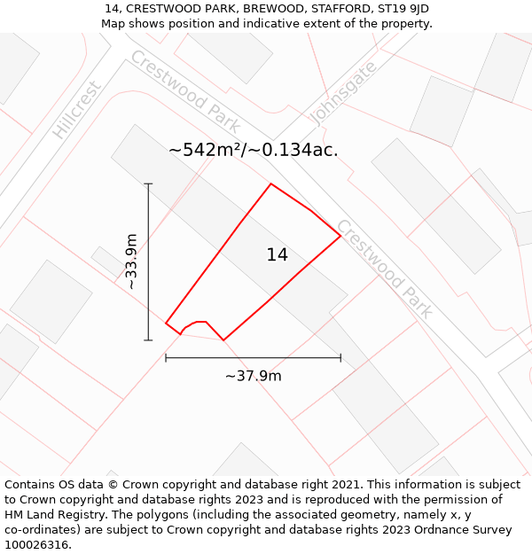14, CRESTWOOD PARK, BREWOOD, STAFFORD, ST19 9JD: Plot and title map