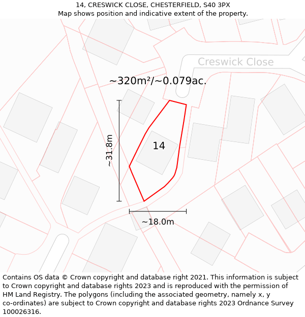 14, CRESWICK CLOSE, CHESTERFIELD, S40 3PX: Plot and title map