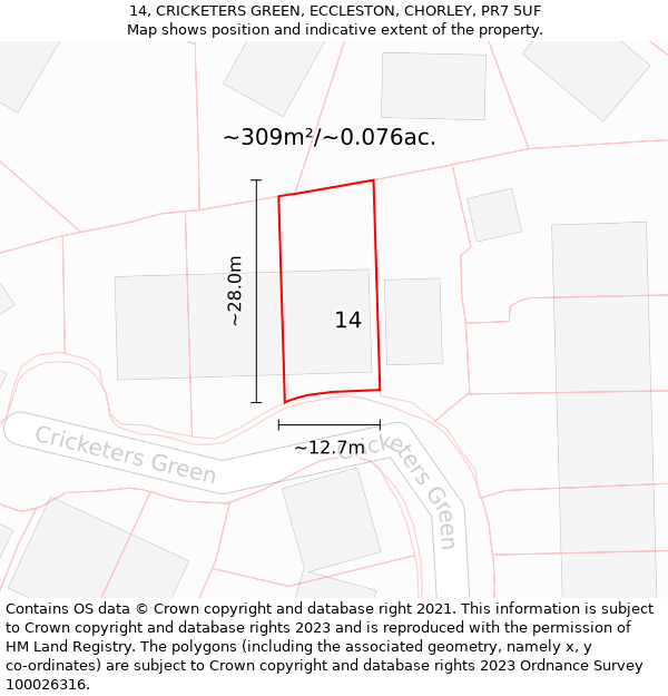 14, CRICKETERS GREEN, ECCLESTON, CHORLEY, PR7 5UF: Plot and title map