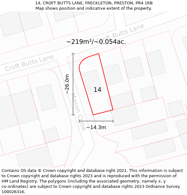 14, CROFT BUTTS LANE, FRECKLETON, PRESTON, PR4 1RB: Plot and title map