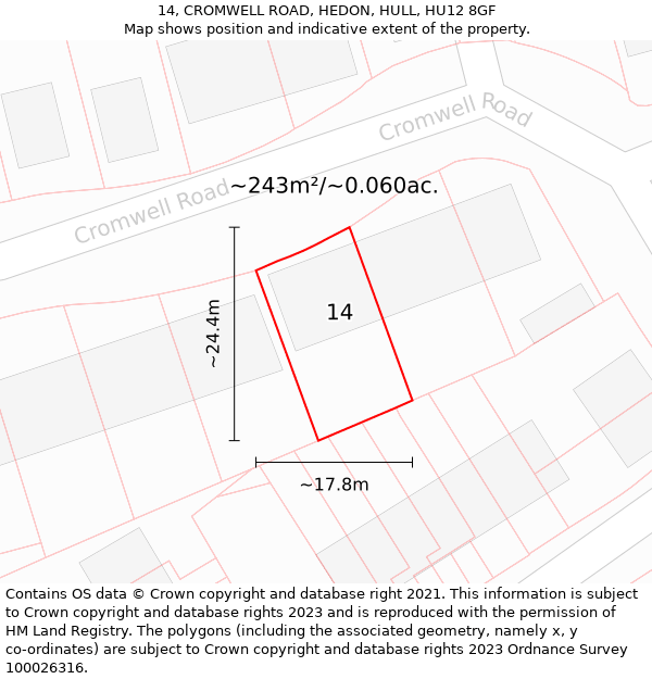 14, CROMWELL ROAD, HEDON, HULL, HU12 8GF: Plot and title map