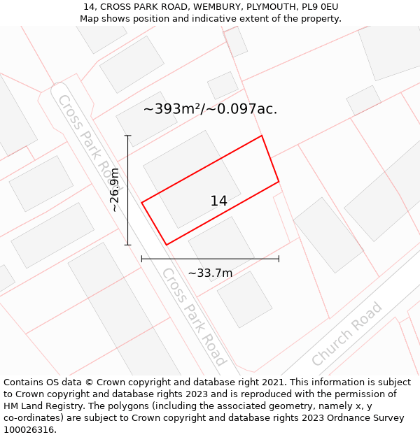 14, CROSS PARK ROAD, WEMBURY, PLYMOUTH, PL9 0EU: Plot and title map