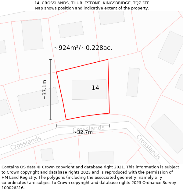 14, CROSSLANDS, THURLESTONE, KINGSBRIDGE, TQ7 3TF: Plot and title map