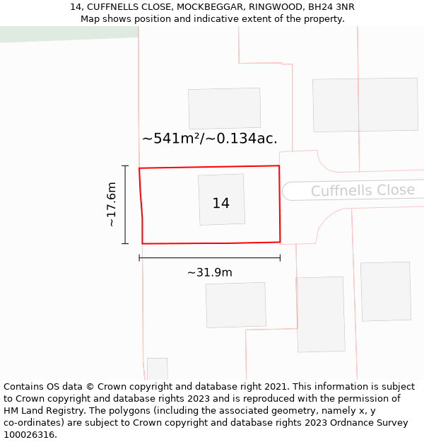 14, CUFFNELLS CLOSE, MOCKBEGGAR, RINGWOOD, BH24 3NR: Plot and title map