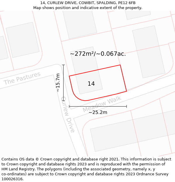 14, CURLEW DRIVE, COWBIT, SPALDING, PE12 6FB: Plot and title map