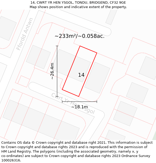 14, CWRT YR HEN YSGOL, TONDU, BRIDGEND, CF32 9GE: Plot and title map