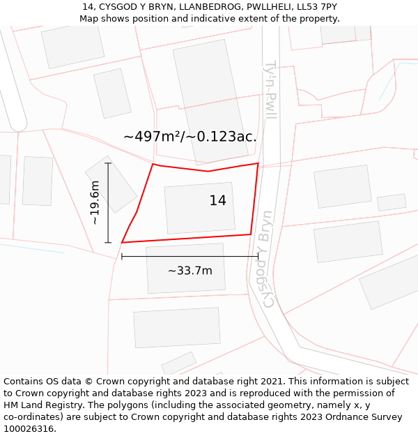 14, CYSGOD Y BRYN, LLANBEDROG, PWLLHELI, LL53 7PY: Plot and title map