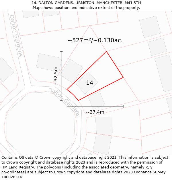 14, DALTON GARDENS, URMSTON, MANCHESTER, M41 5TH: Plot and title map