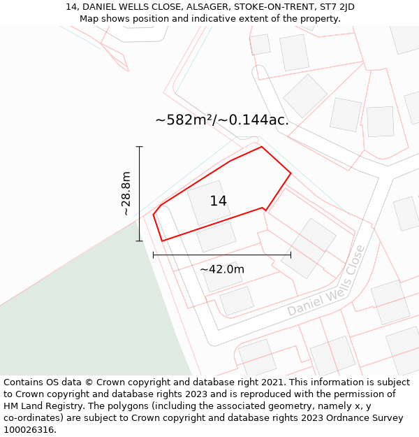 14, DANIEL WELLS CLOSE, ALSAGER, STOKE-ON-TRENT, ST7 2JD: Plot and title map