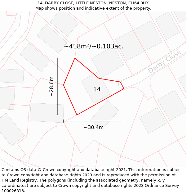 14, DARBY CLOSE, LITTLE NESTON, NESTON, CH64 0UX: Plot and title map