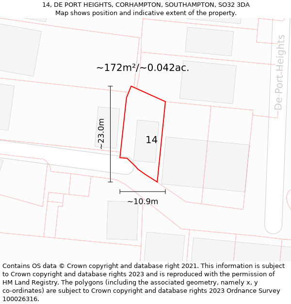 14, DE PORT HEIGHTS, CORHAMPTON, SOUTHAMPTON, SO32 3DA: Plot and title map