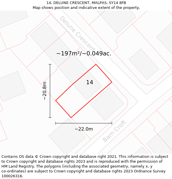 14, DELUNE CRESCENT, MALPAS, SY14 8FB: Plot and title map