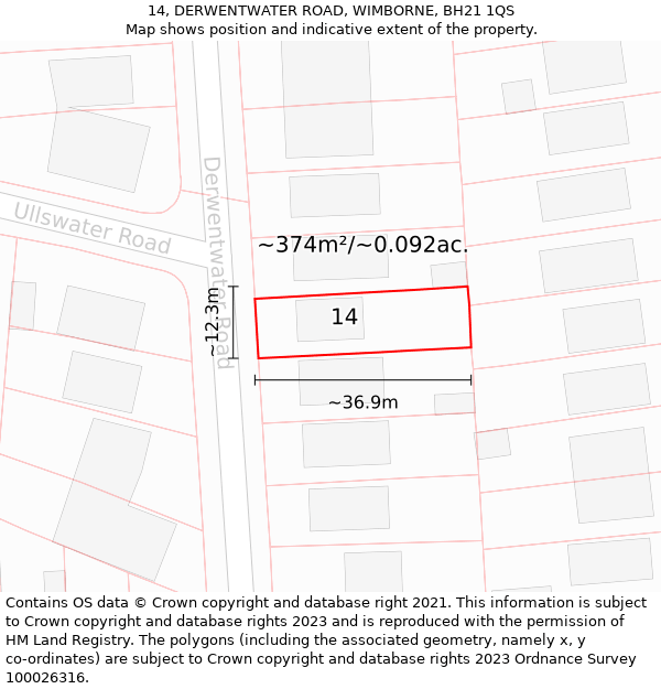 14, DERWENTWATER ROAD, WIMBORNE, BH21 1QS: Plot and title map