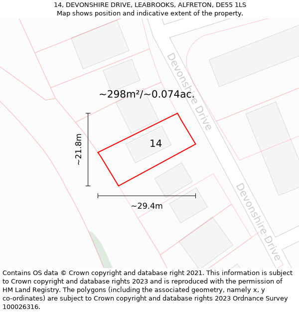 14, DEVONSHIRE DRIVE, LEABROOKS, ALFRETON, DE55 1LS: Plot and title map