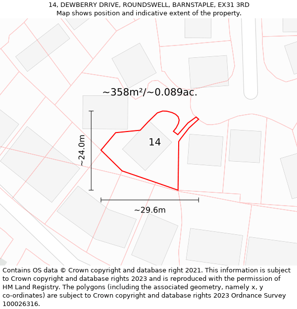 14, DEWBERRY DRIVE, ROUNDSWELL, BARNSTAPLE, EX31 3RD: Plot and title map